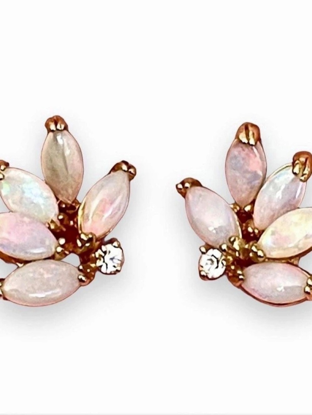 Vintage 1960s Opal Style Rhinestone Floral Stud Earrings Gold Tone Coquette